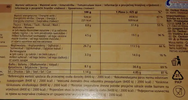 Pizza Guseppe 4 sery - kalorie i wartości odżywcze na 100g i 335g